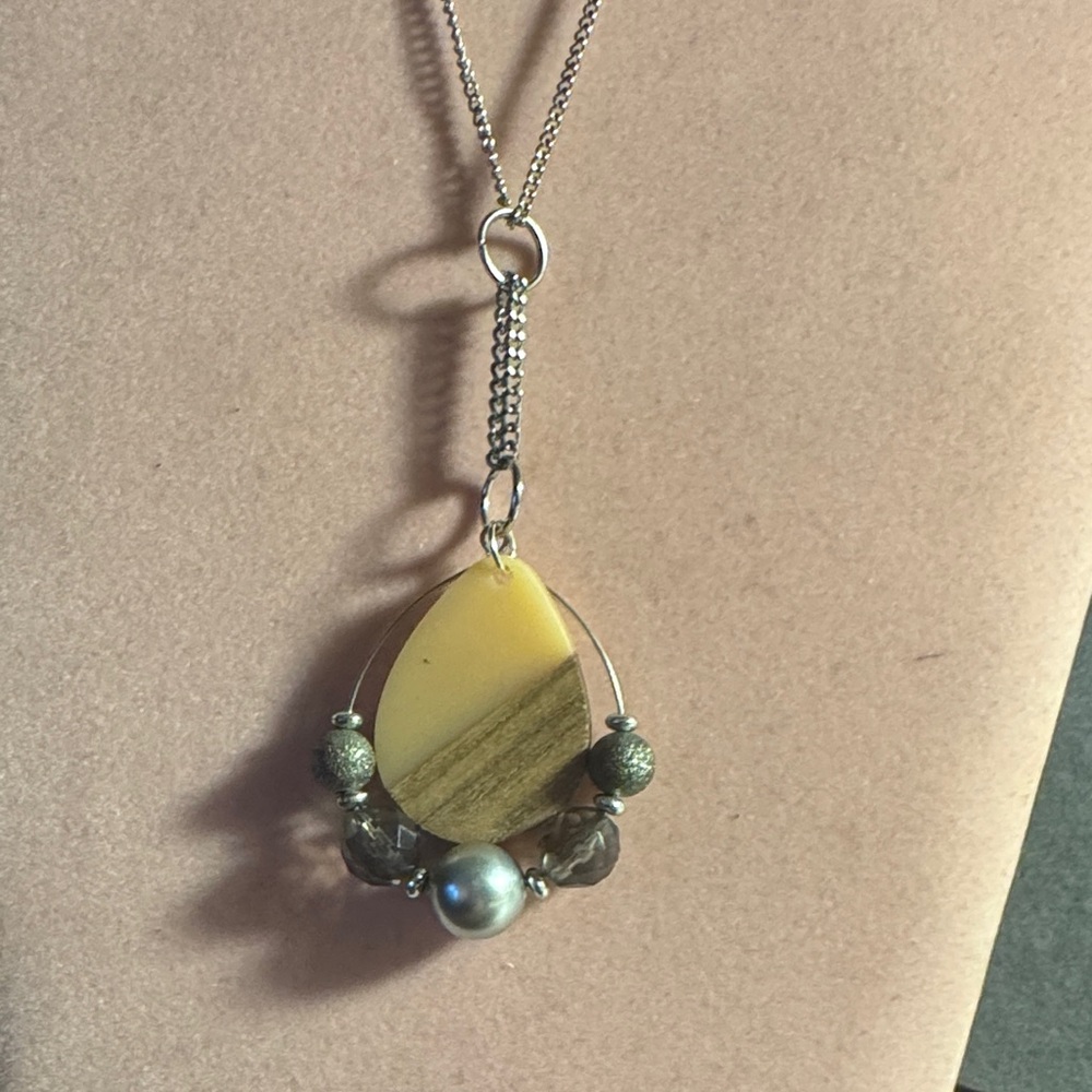 Yellow Teardrop Pendant Necklace with Mixed Bead Accents 11” to pendant